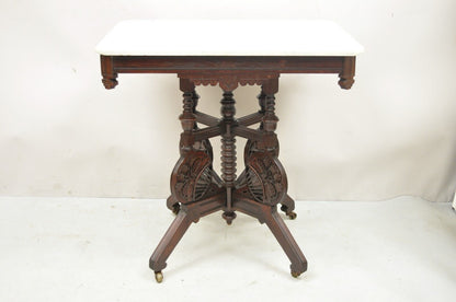 Antique Eastlake Victorian Floral Carved Walnut Parlor Side Table w/ Marble Top