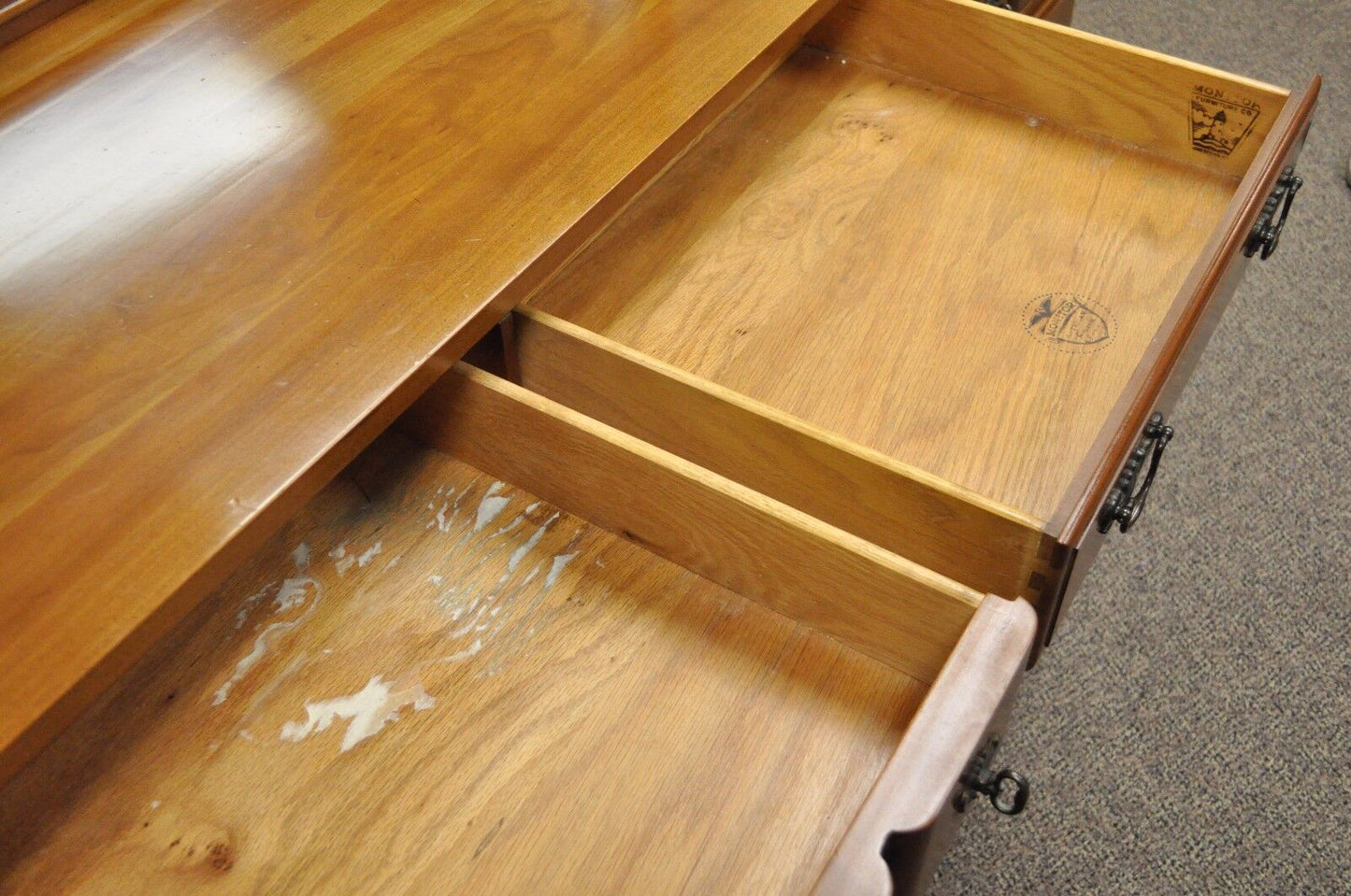 Vintage Monitor American Emblem Colonial Cherry Wood Long Dresser Chest & Mirror