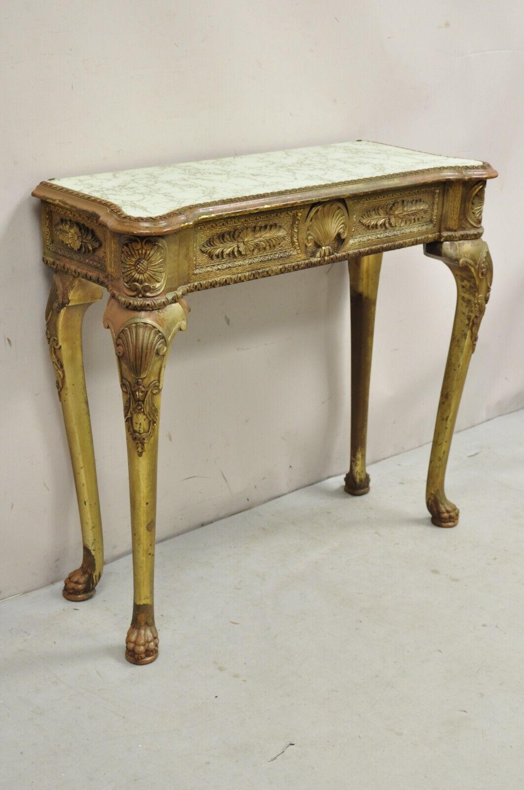 Vintage French Empire Style Distressed Gold Giltwood Hall Table Console