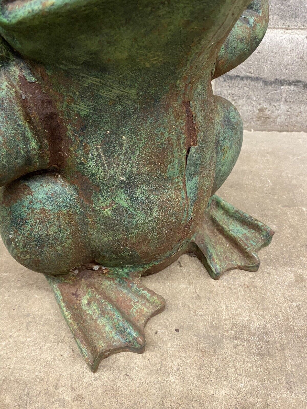 Vintage Hollywood Regency Green Cast Iron Garden Frog Statue "Hear no Evil"