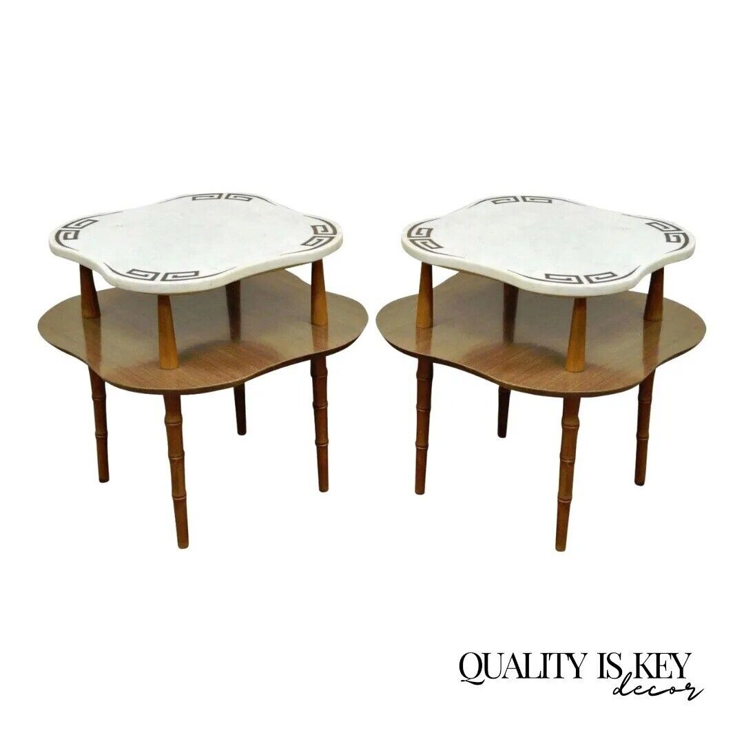 Vintage Hollywood Regency Greek Key Marble Faux Bamboo Wood End Tables - Pair