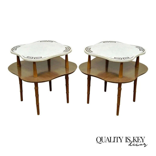 Vintage Hollywood Regency Greek Key Marble Faux Bamboo Wood End Tables - Pair