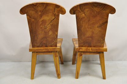 Indonesian Carved Solid Burl Wood Slab Continental Figural Side Chairs - a Pair