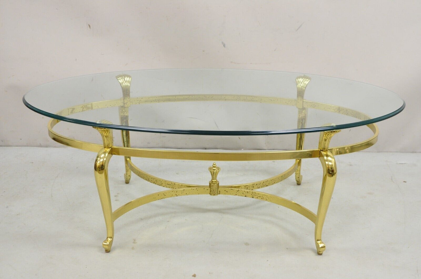 Vintage Brass Hollywood Regency Oval Glass Top Cabriole Leg Coffee Table