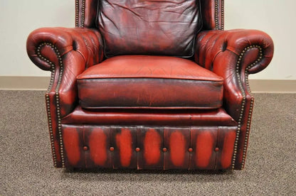 Vintage English Chesterfield Style Rolled Arm Red Leather Club Lounge Chair