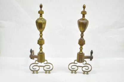 Antique American Federal Pointed Finial Brass Fireplace Andirons - a Pair