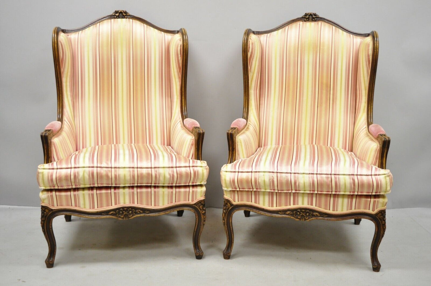 Vintage W & J Sloane French Louis XV Style Wingback Lounge Arm Chairs - a Pair