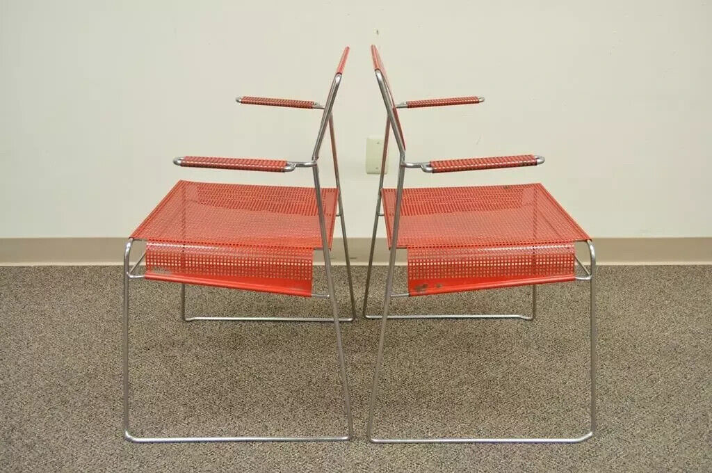 Vintage Tomado Mid Century Modern Red Stacking Chrome Metal Mesh Chairs A - Pair