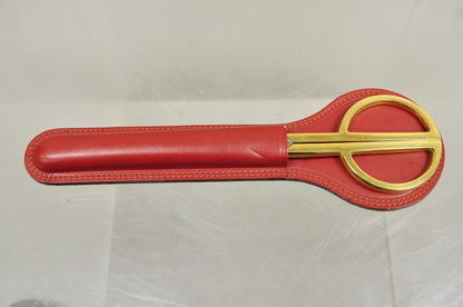 Vintage Italian Hollywood Regency Solingen Red Leather Desk Set Brass Scissors