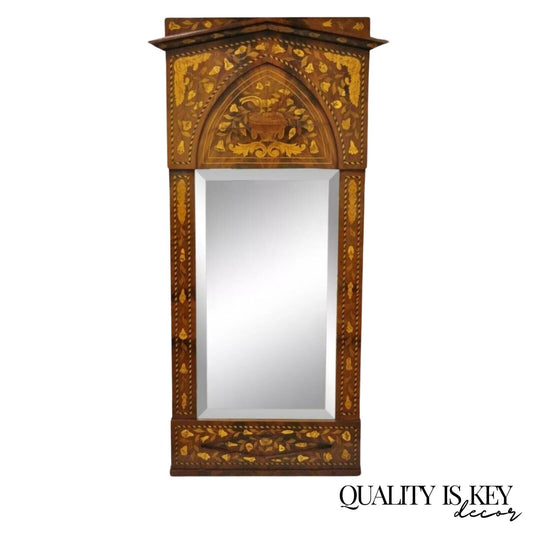 Antique Dutch Marquetry Satinwood Inlay Beveled Glass Console Wall Mirror