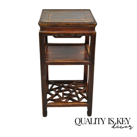 Vintage Chinese Carved Hardwood 3 Tier Fretwork Plant Stand Side Table