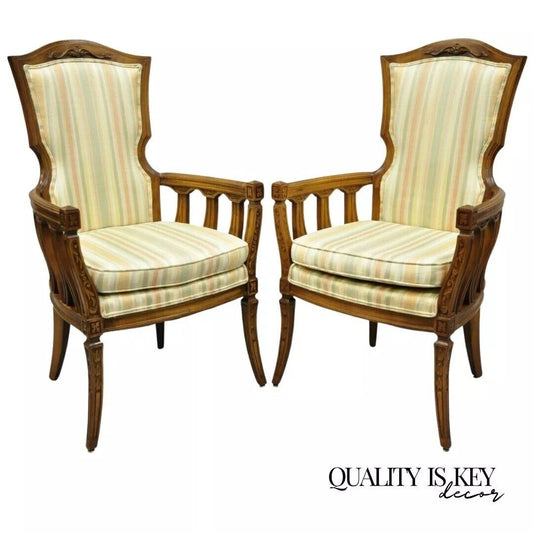 Vintage French Provincial Hollywood Regency Tall Back Lounge Arm Chairs - a Pair