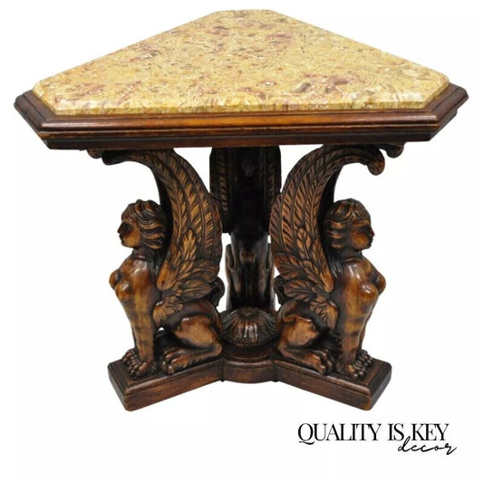 Antique French Renaissance Figural Walnut Winged Sphinx Resin Top Side Table