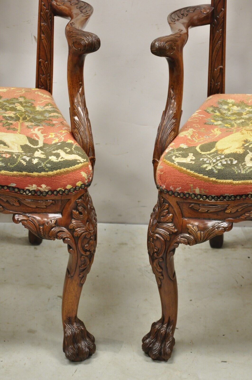 Maitland Smith Georgian Style Carved Mahogany Needlepoint Seat Arm Chairs a Pair