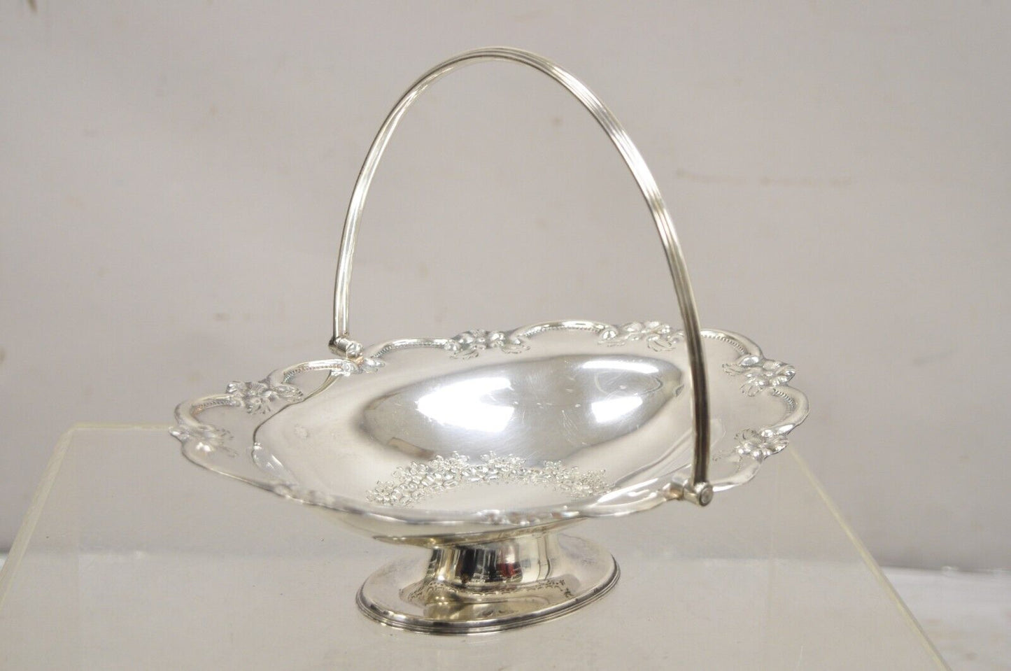 L & WS English Victorian Silver Plated Footed Fruit Bread Basket with Handle