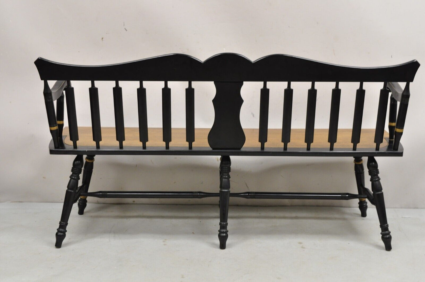 Vintage Hitchcock Style Maple Wood 6 Leg Colonial Black Stencil Windsor Bench