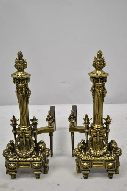 Vintage French Empire Brass Bronze Column Flame Finial Fireplace Andirons - Pair