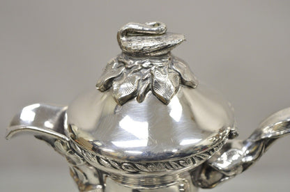 Antique English Regency Swan Finial Silver Plated Tea Pot Set - 3 Pc Set