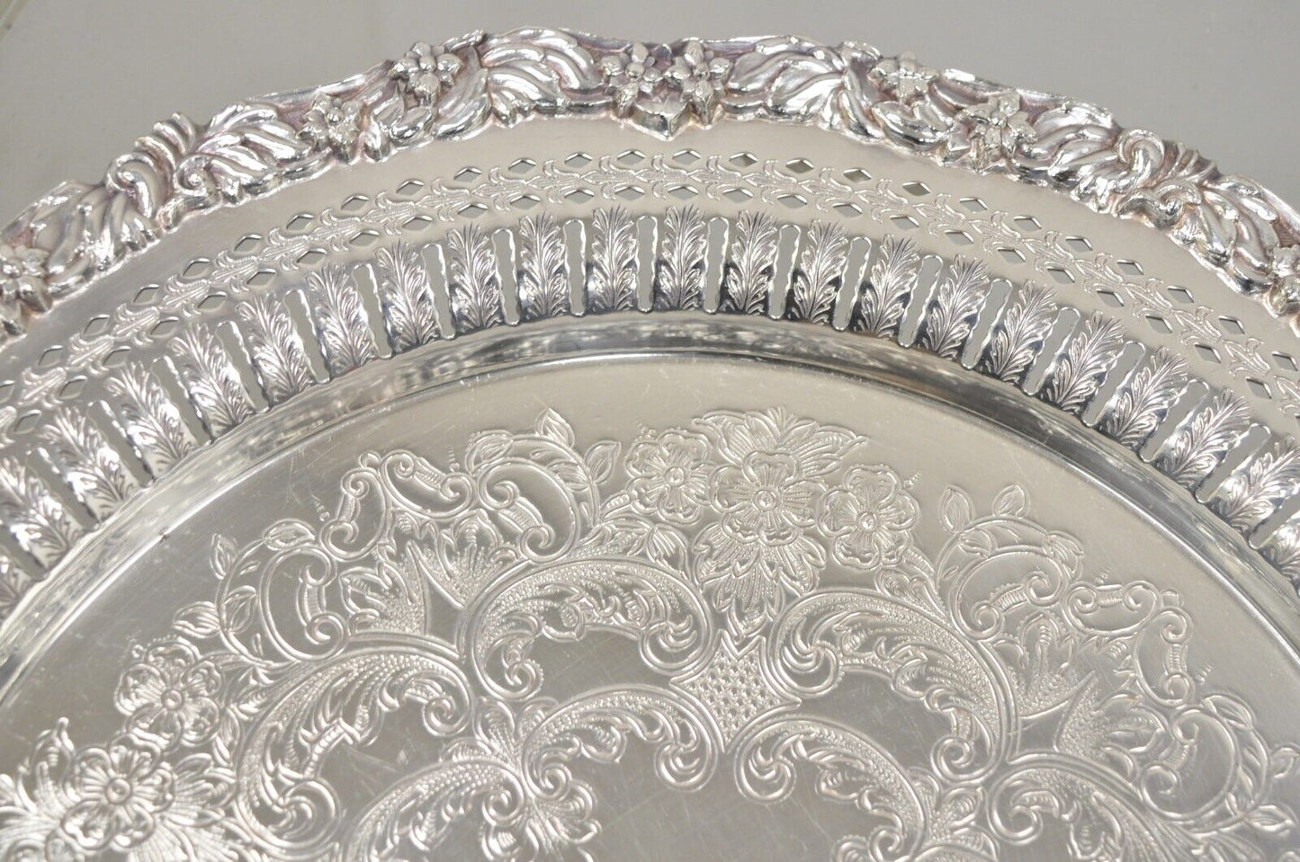 Vintage English Victorian Reticulated Pierced Gallery 12.5" Round Platter Tray