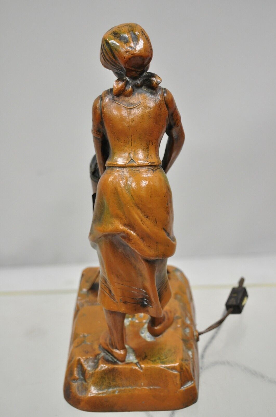 Antique French Spelter Metal Figural Woman by Coal Fire Statue Lamp attr Raineri