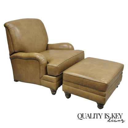 Ethan Allen Oxford Leather Brown Recliner Club Lounge Chair and Ottoman - 2 Pcs