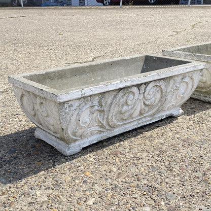 Vintage French Fleur De Lis Rectangular Cement Outdoor Garden Planter - a Pair