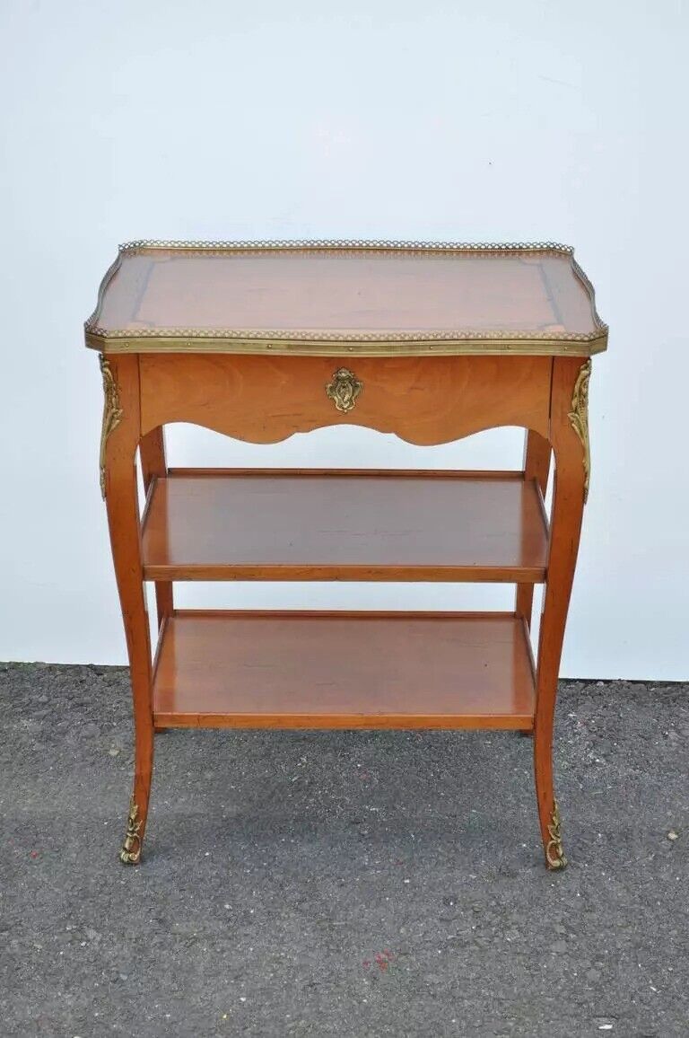 French Louis XV Style Cherry Wood One Drawer Lamp Side Table with Bronze Ormolu