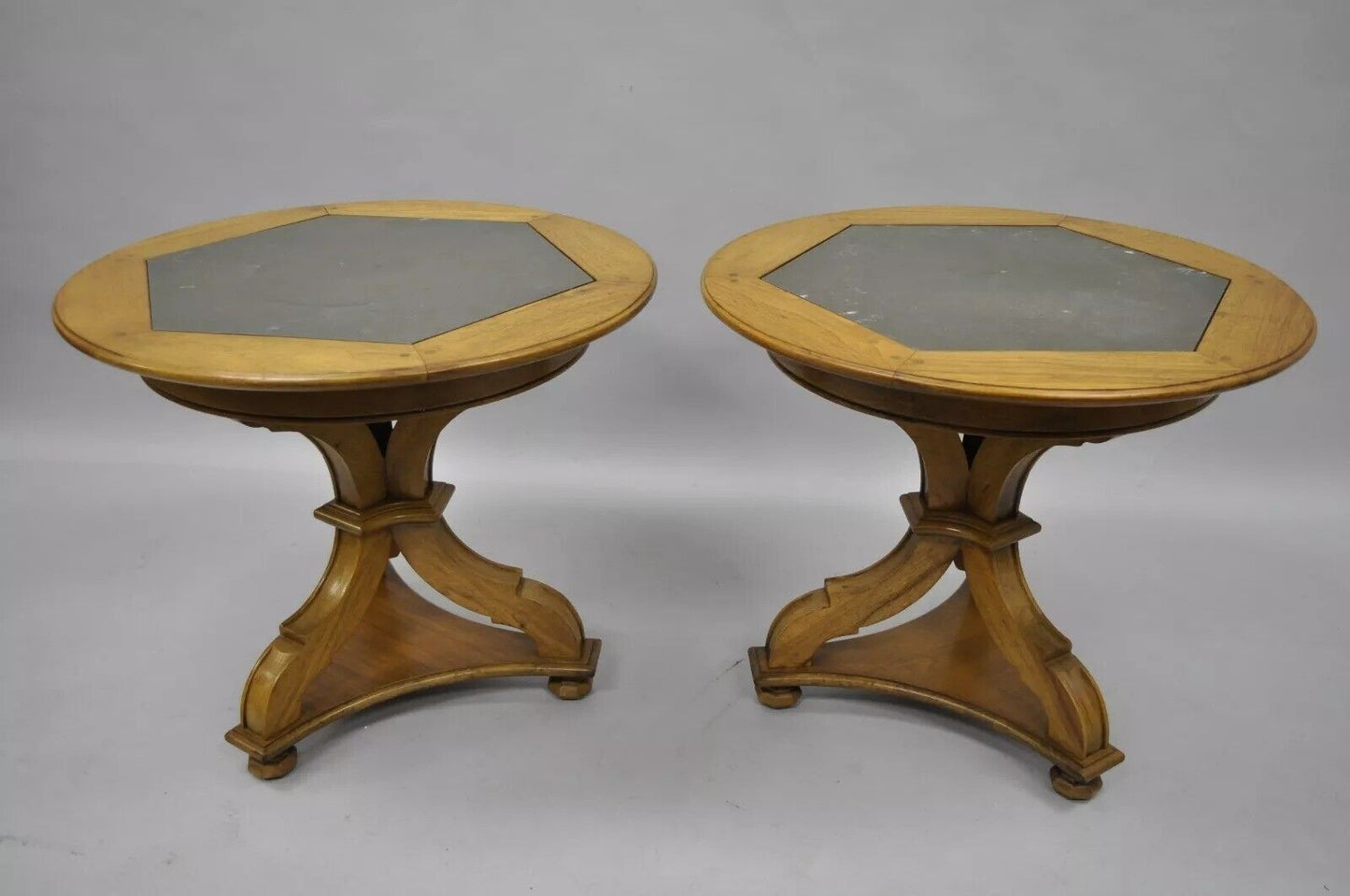 Vintage French Country Style Walnut Slate Top Pedestal Base End Tables - a Pair