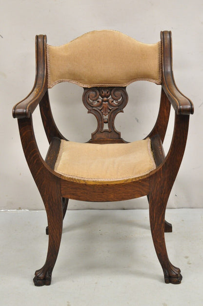 Antique Carved Oak Renaissance Revival Paw Foot Curule Throne Arm Chair