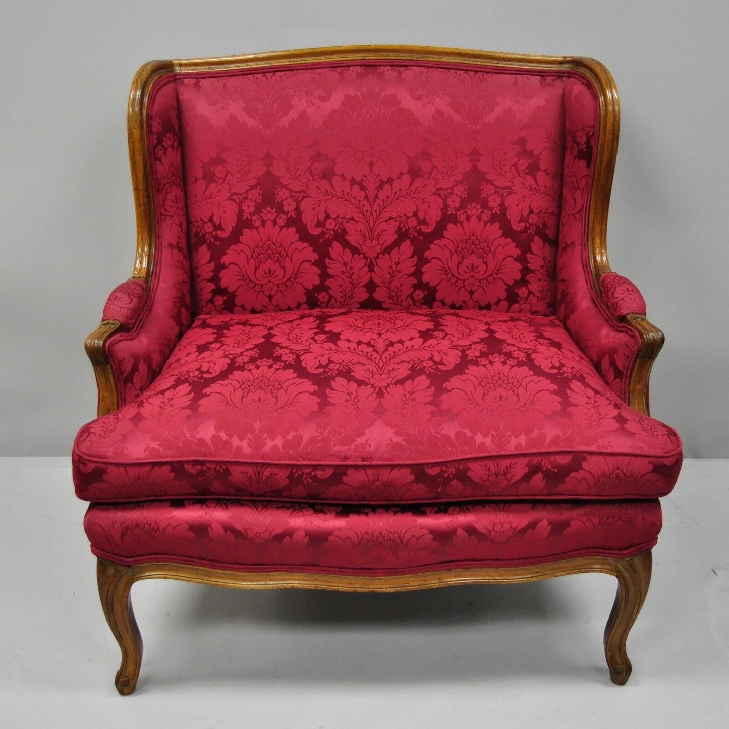 French Country Louis XV Style Mahogany Burgundy Wingback Settee Loveseat Sofa