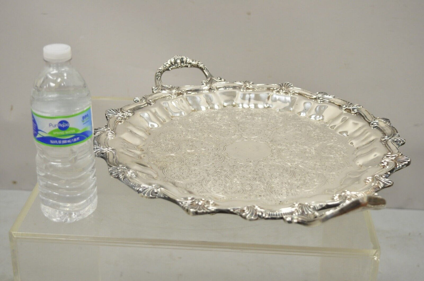 Regency Style Ornate Heavy Silver Plated Twin Handle Scalloped Platter Tray