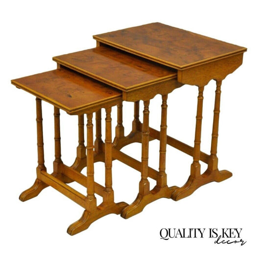Vintage English Georgian Style Faux Bamboo Yew Wood Nesting Side Tables - Set 3