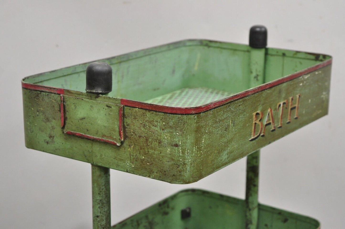 Antique "Bath House 2" Green Painted Metal 3 Tier Rolling Bathroom Trolley Cart