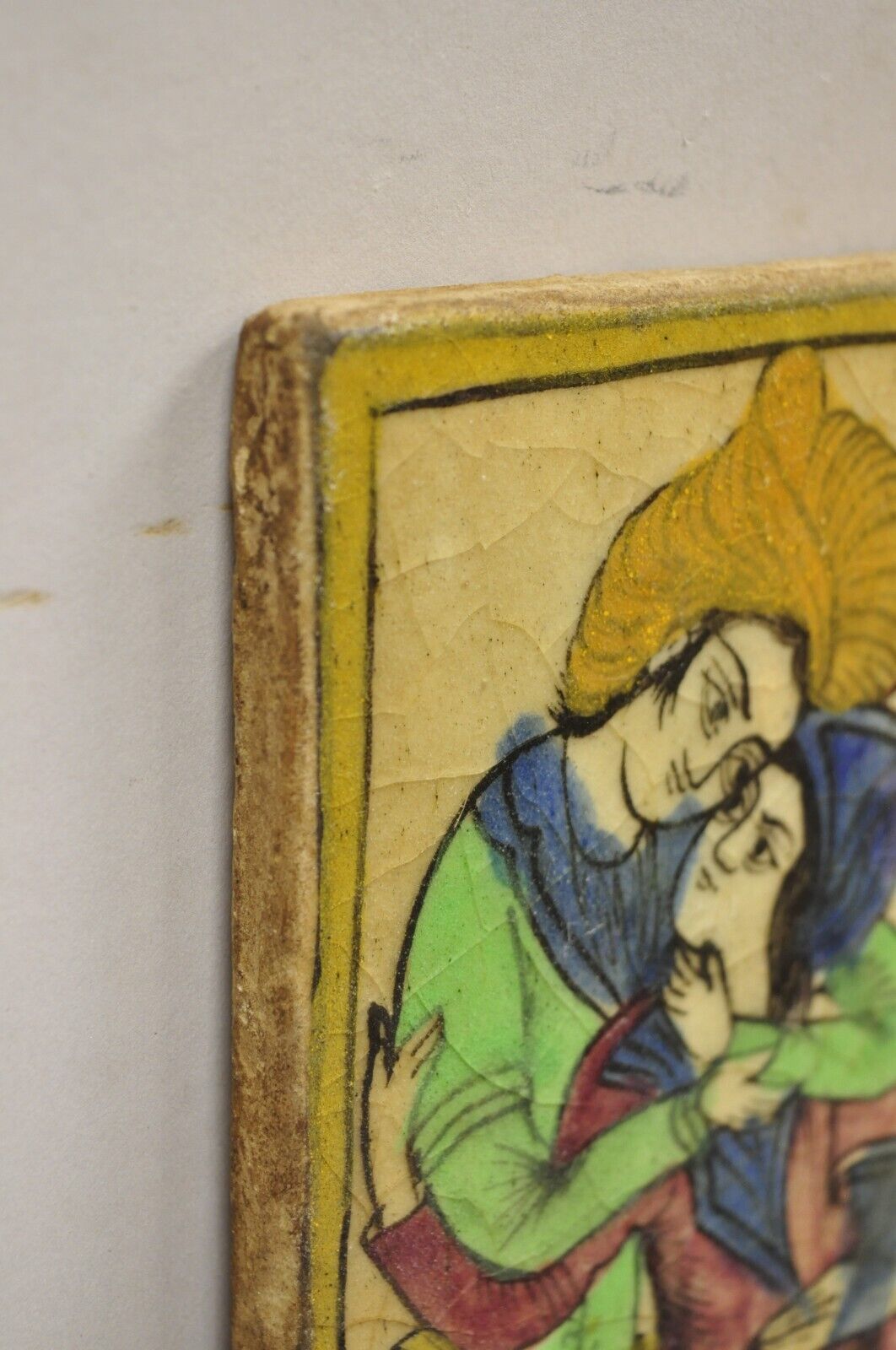 Antique Persian Iznik Qajar Style Green Ceramic Pottery Tile Loving Couple C5