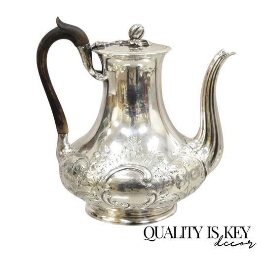Antique English Victorian Floral Repousse Sheffield Tea Pot with Wooden Handle