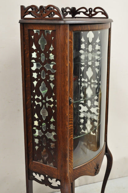 Antique Victorian Oak Wood Bowed Glass Single Door Carved Fretwork Curio Cabinet