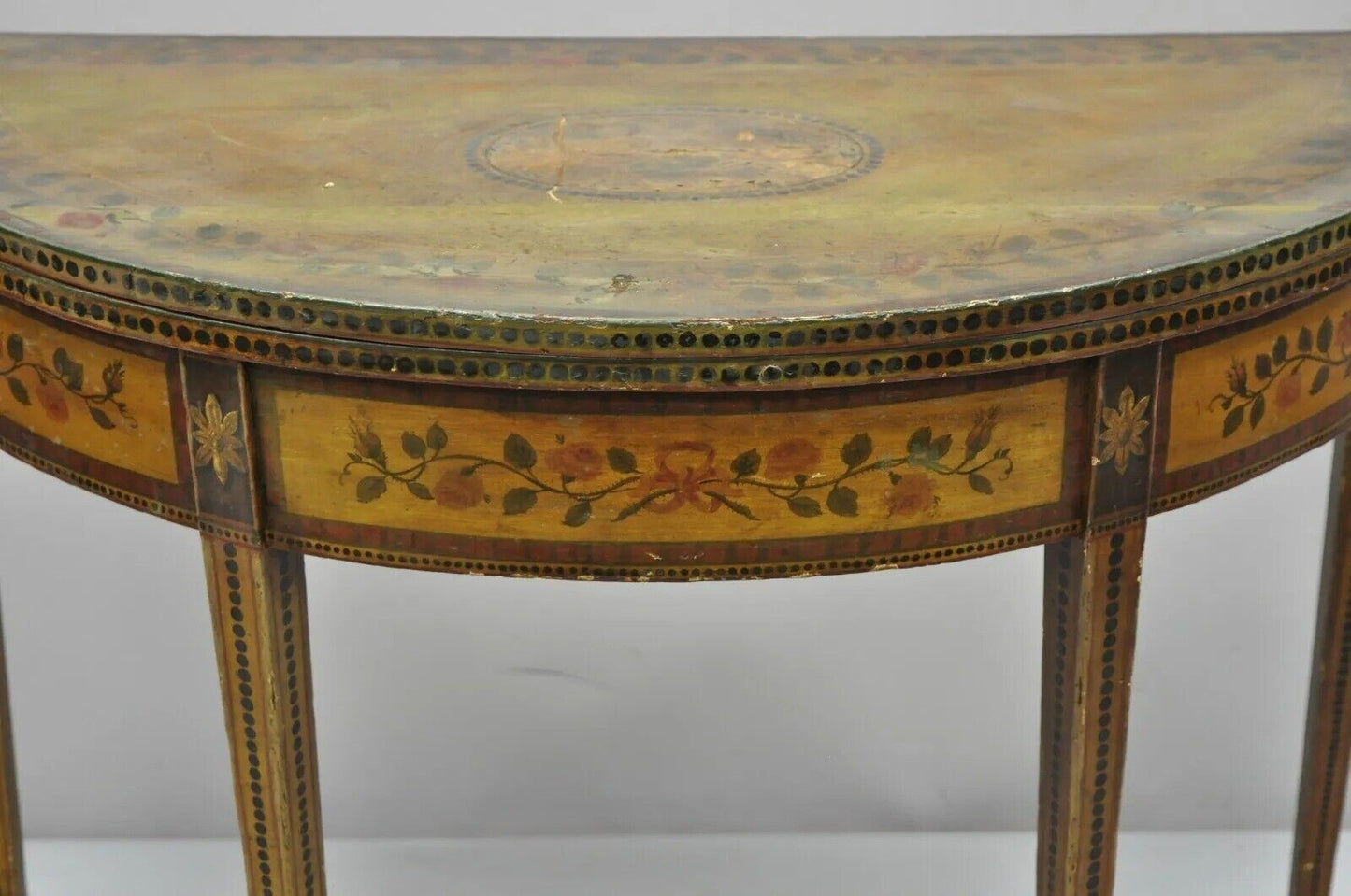 19th C. English Edwardian Polychrome Adams Painted Demilune Console Game Table