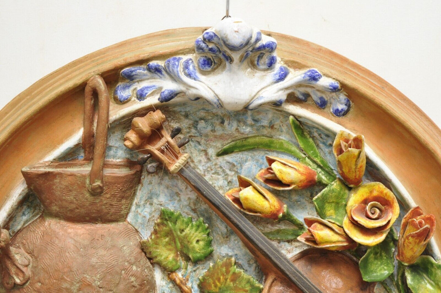 Vintage Italian Regency Style Glazed Terracotta Fruit & Violin Wall Art Plaque