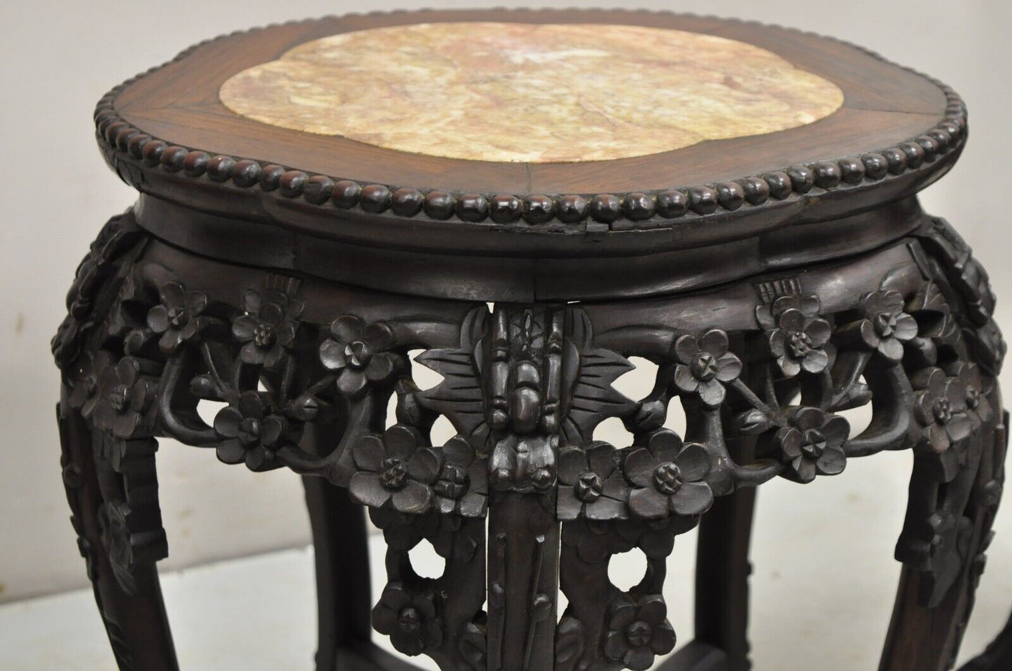 Chinese Carved Hardwood Marble Top Oriental Plant Stand Side Table - a Pair