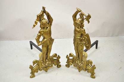 Vtg Cast Brass Figural Renaissance Soldier Warrior Fireplace Andirons - a Pair