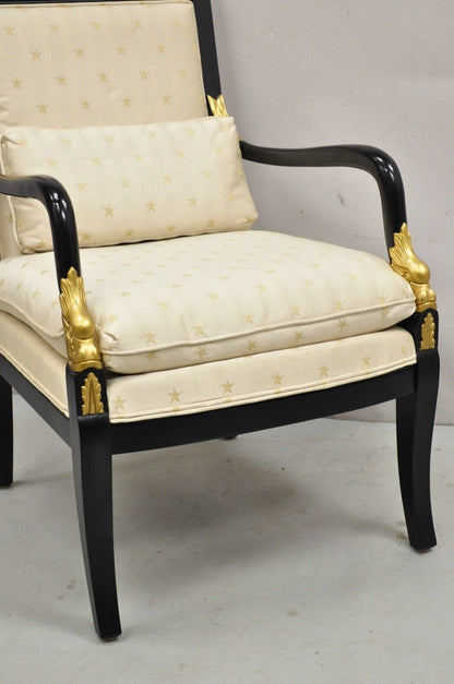 Ethan Allen French Empire Style Black Lacquer Gold Dolphin Upholstered Arm Chair