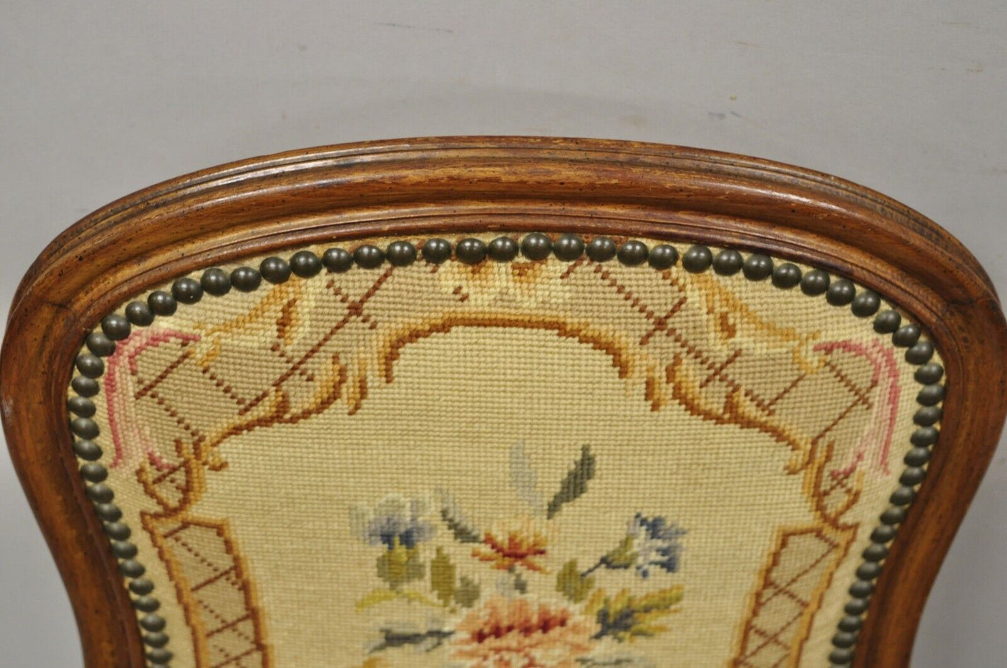 Antique French Provincial Louis XV Walnut Floral Needlepoint Side Chair - a Pair