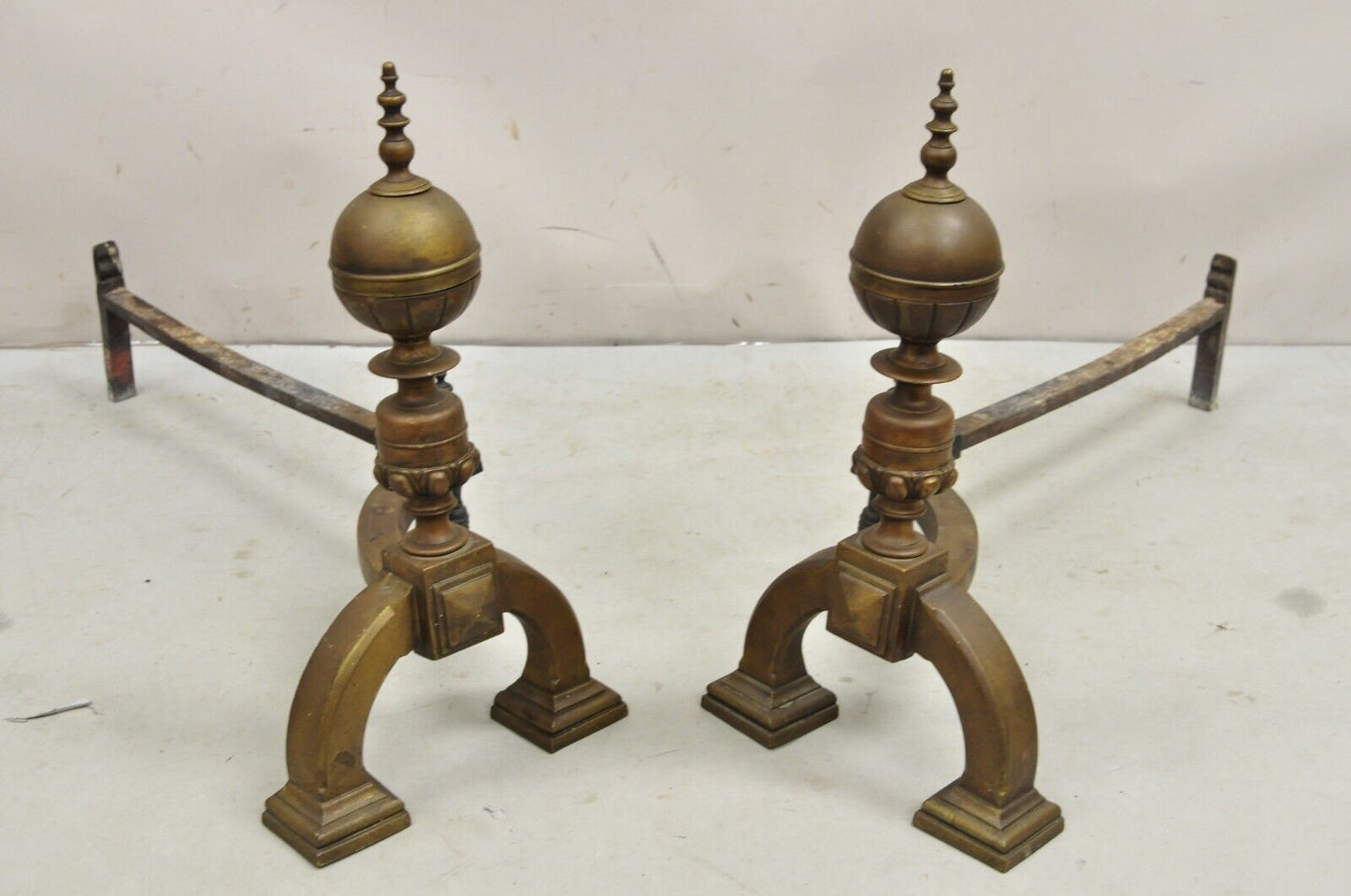 Antique English Federal Brass Cannonball Fireplace Andirons With Patina -  Pair