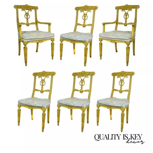 Vintage French Regency Louis XVI Yellow Carved Wood Dining Chairs - Set of 6