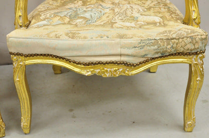 Vintage French Louis XV Style Gold Giltwood Tapestry Fabric Arm Chairs - a Pair