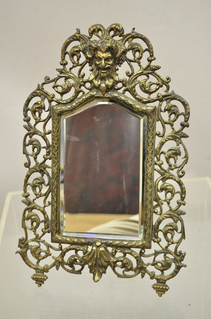 Vintage French Brass Small Beveled Glass Vanity Shaving Mirror with Bacchus Face