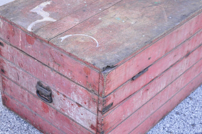 Antique Wood Primitive Country Red Distress Painted Trunk Treasure Blanket Chest