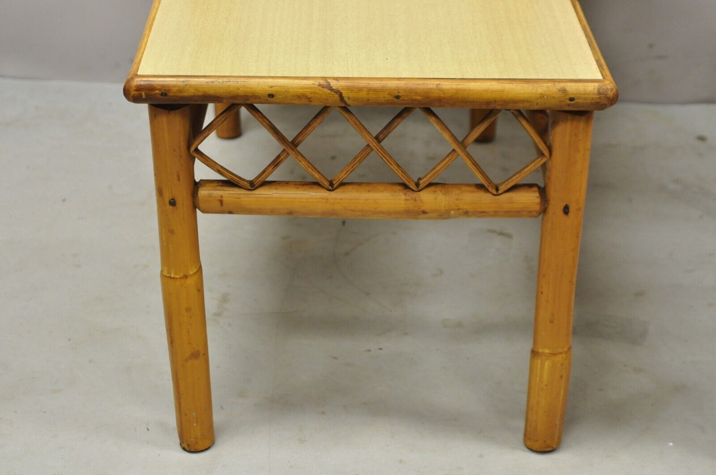 Vintage Tiki Rattan Mid Century Bamboo Step Up End Tables - a Pair