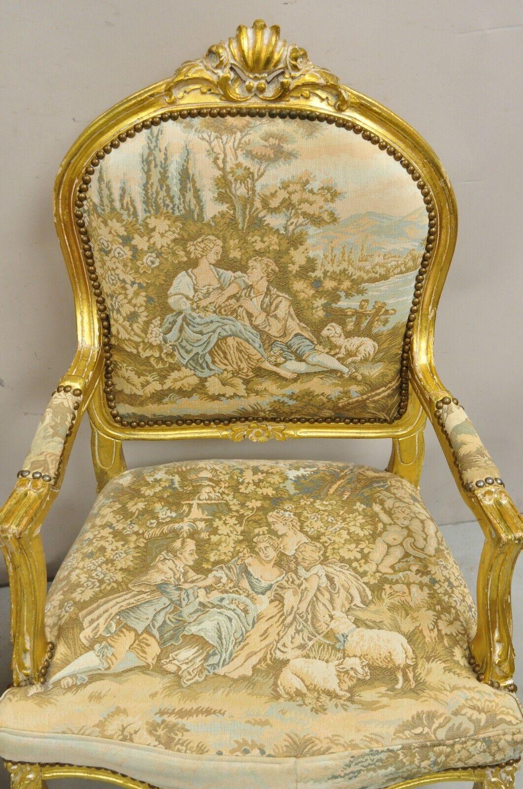 Vintage French Louis XV Style Gold Giltwood Tapestry Fabric Arm Chairs - a Pair