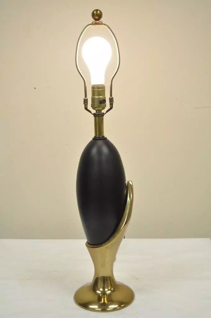 Vintage Mid Century Modern Art Deco Brass Black Metal Egg Nouveau Table Lamp